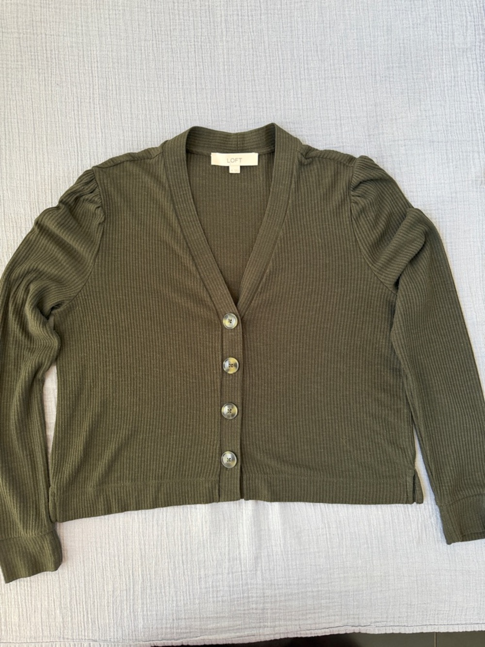 LOFT Dark Olive Ribbed V‑Neck Button Front Cardigan
